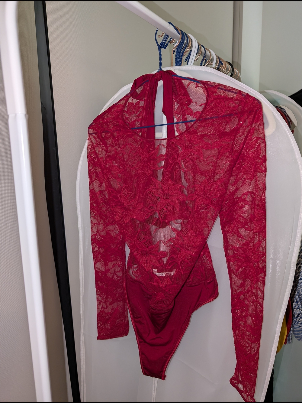 NWT La Vie En Rose Red Lace Long-Sleeve Bodysuit